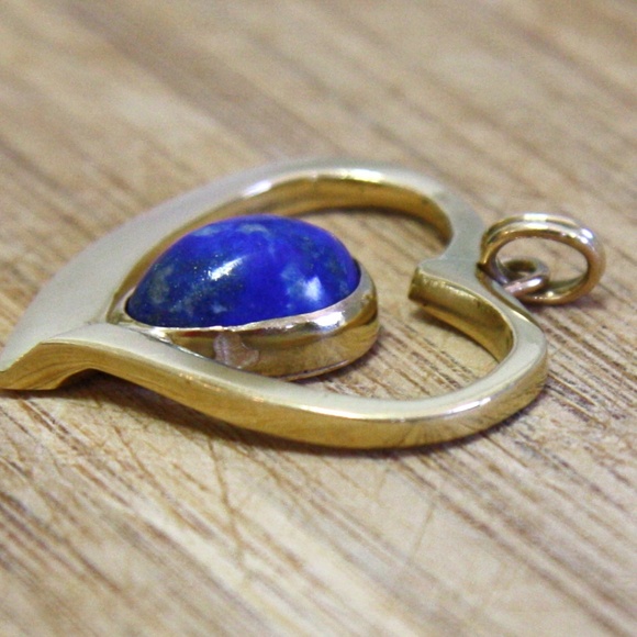 Natural Blue Lapis Lazuli Heart Pendant Solid 14K Yellow Gold, 9th Anniversary - Picture 2 of 10